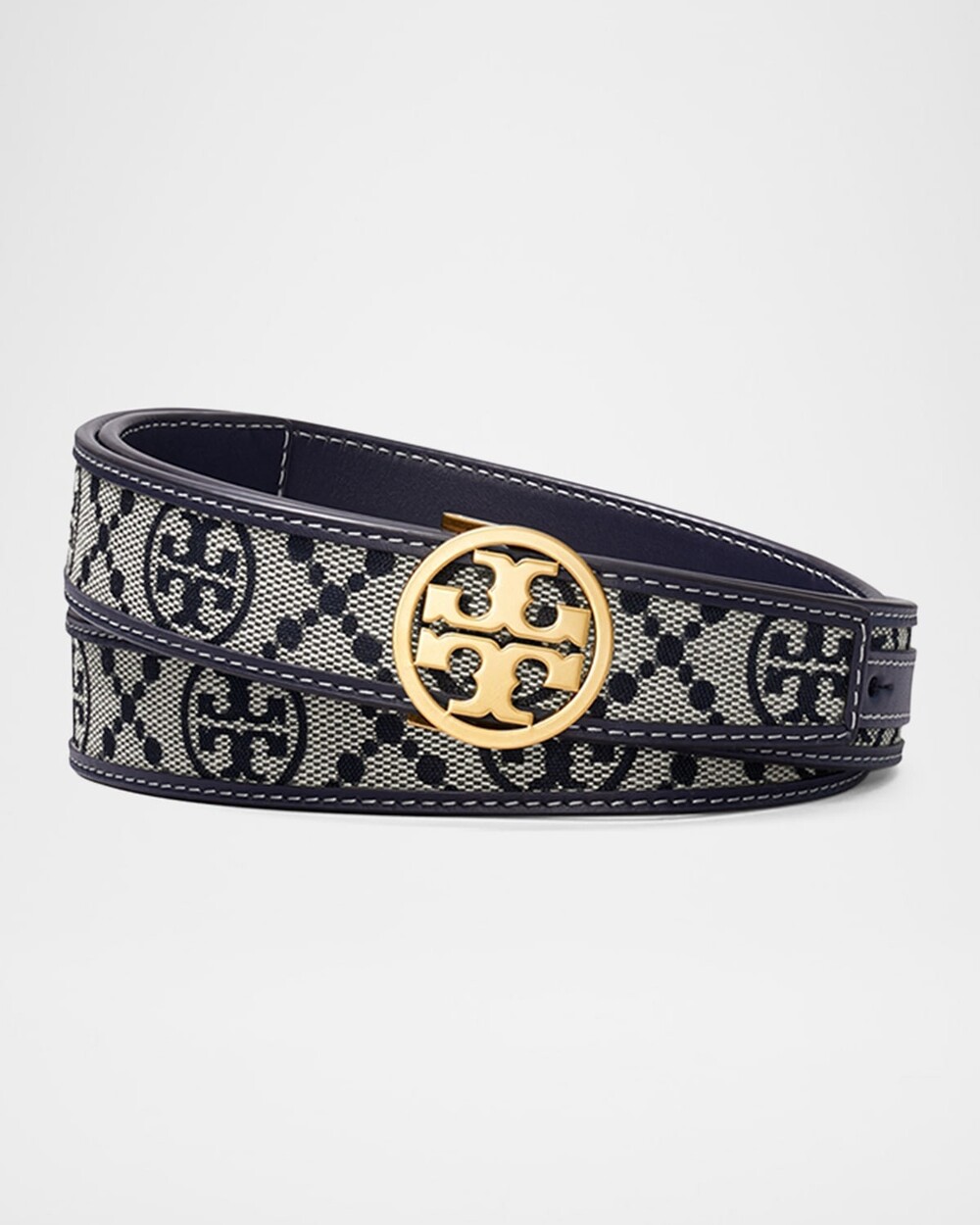 Tory Burch 1" Miller T Monogram Jacquard Leather Belt Navy XL